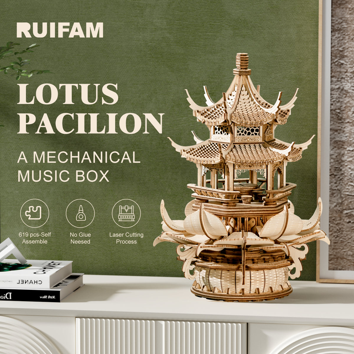 Lotus Pavilion 3D Wooden Music Box