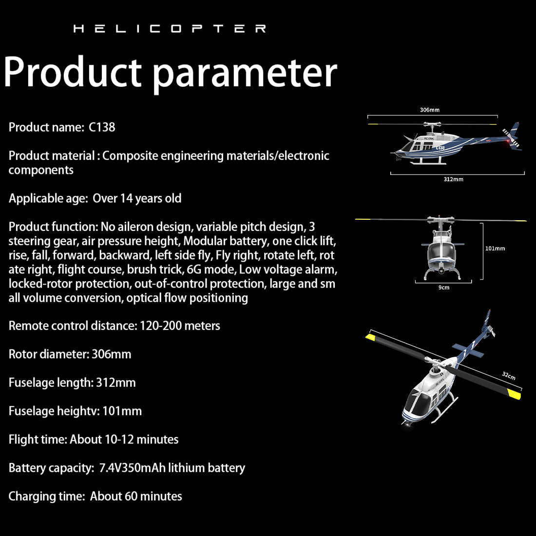 RC ERA C138 206 RC Helicopter 2.4G 6CH 1/33 Scale No Aileron Helicopter