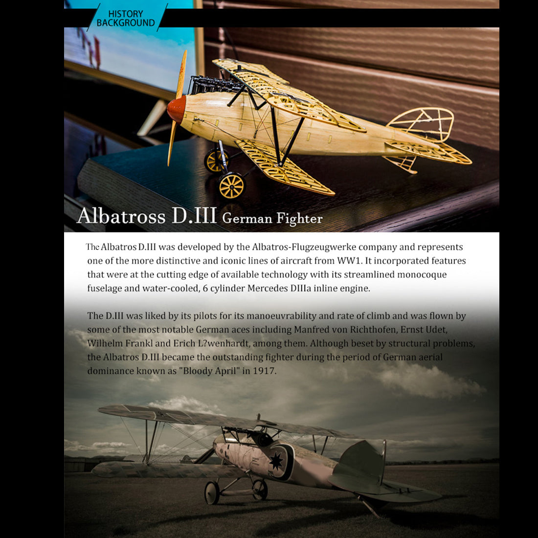 1/18 Scale Albatros D.III WWI Fighter Aircraft Wooden Model Kit