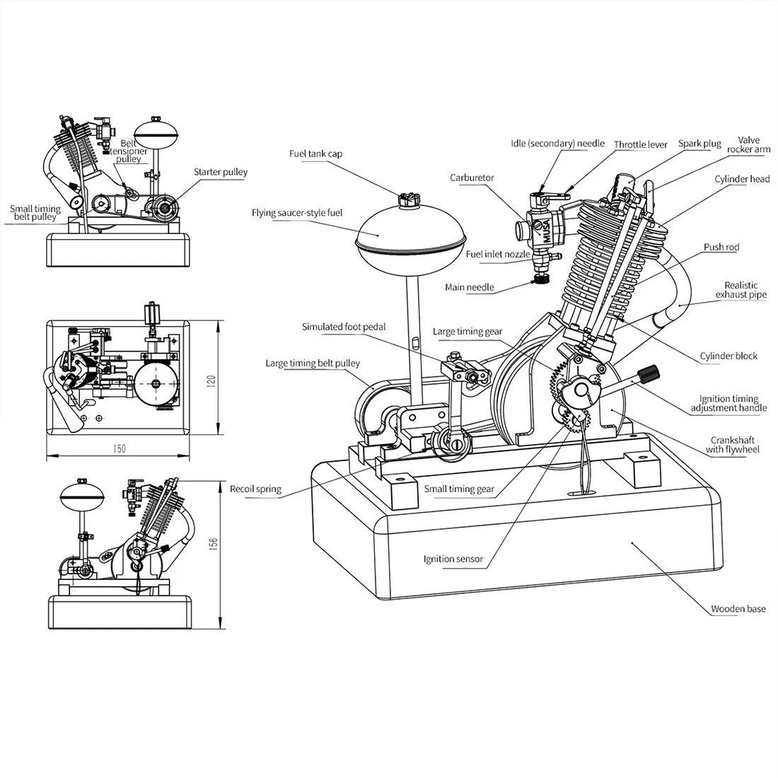 Hoglet V1 Single-Cylinder 4-Stroke Gasoline Realistic Motorcycle Internal Combustion Engine with Kick Start