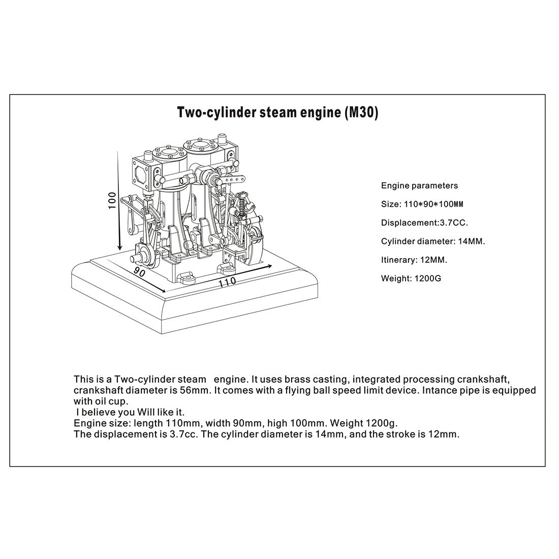 3.7CC Mini Retro Vertical Double-cylinder Reciprocating Double-acting Engine Model