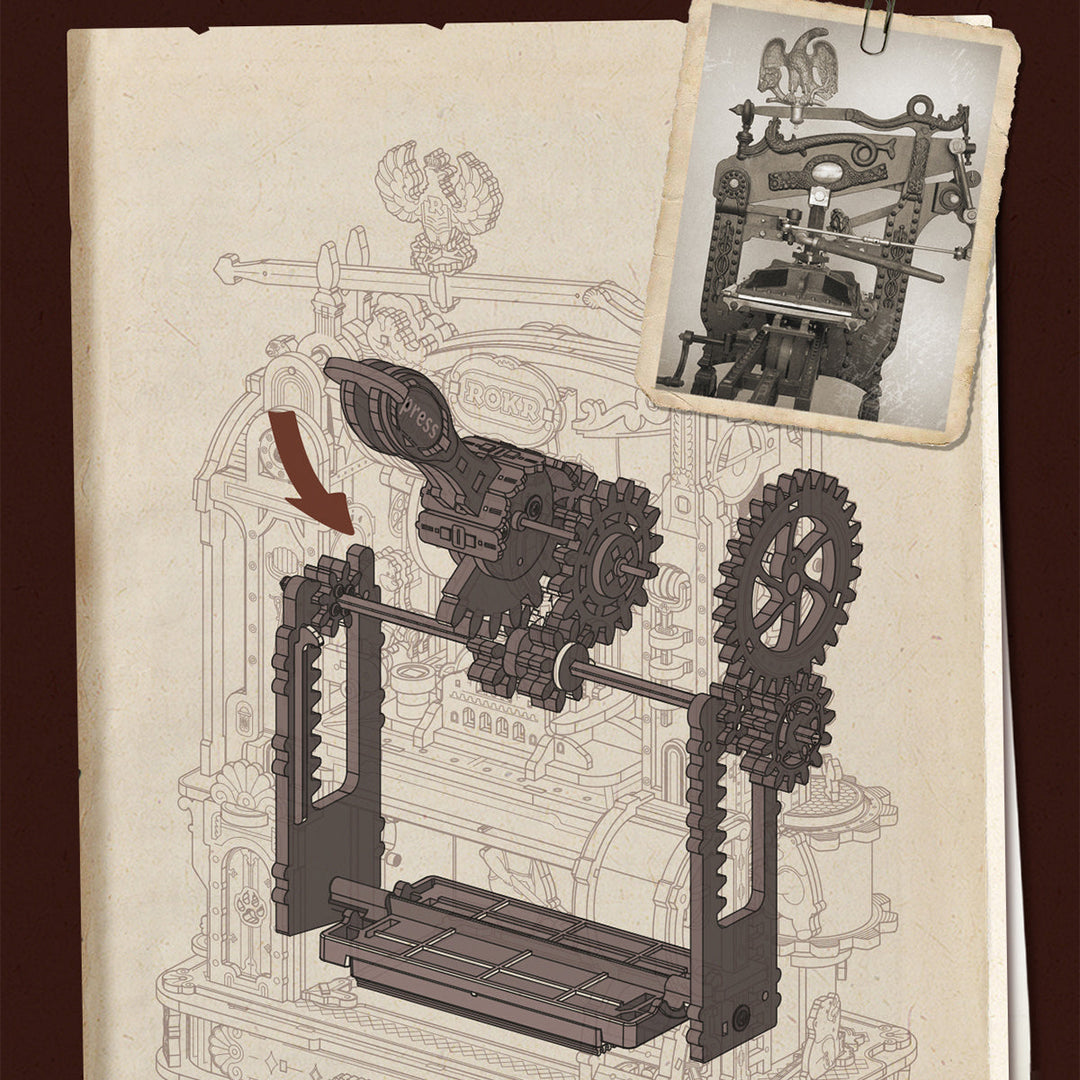 Classic Printing Press Mechanical 3D Wooden Puzzle