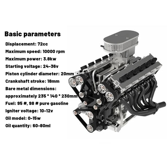 V12 Engine GS-V12 72CC DOHC 4-Stroke 12-Cylinder 48-Valve Water-Cooled Electric Start Gasoline Engine Model - V12 Engine Model That Works