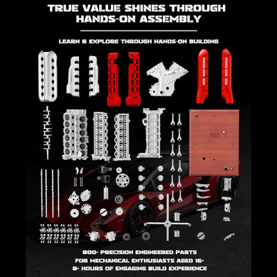 V12 Engine Model Kit that Works-TECHING 1/4 Supercar V12 Engine Model Kit with Synchronized Throttle Sound Effects 800+PCS