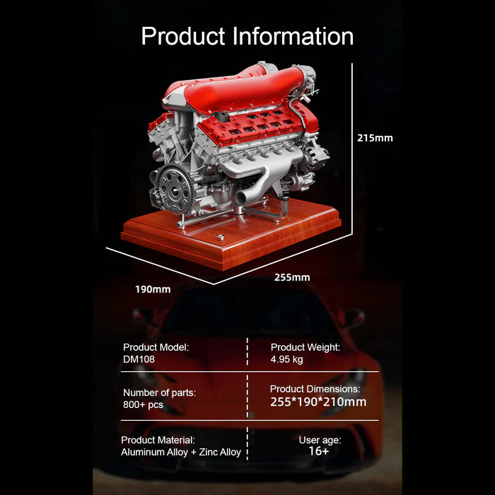 V12 Engine Model Kit that Works-TECHING 1/4 Supercar V12 Engine Model Kit with Synchronized Throttle Sound Effects 800+PCS