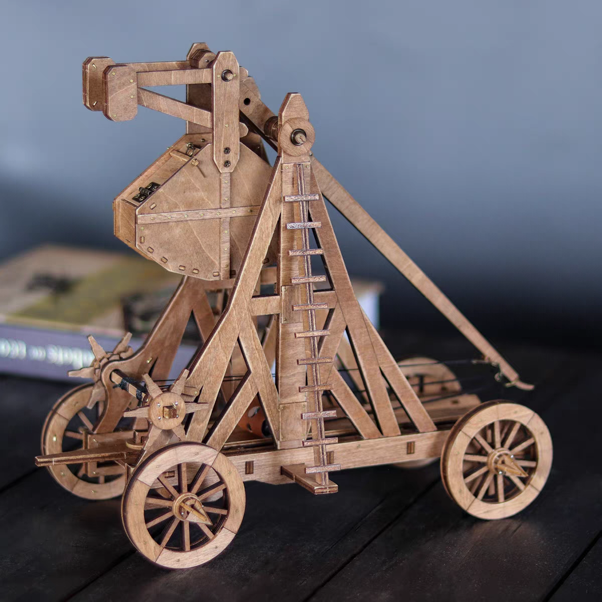 Four-Wheel Counterweight Trebuchet 3D Wooden Puzzle